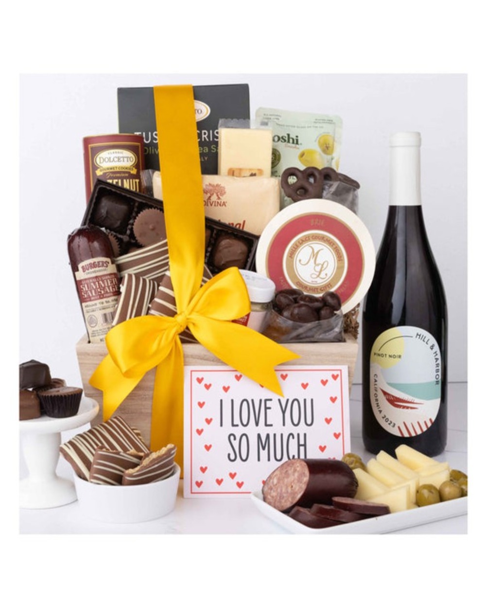 I Love You Gourmet Sweet & Savory Gift Basket with Red Wine
