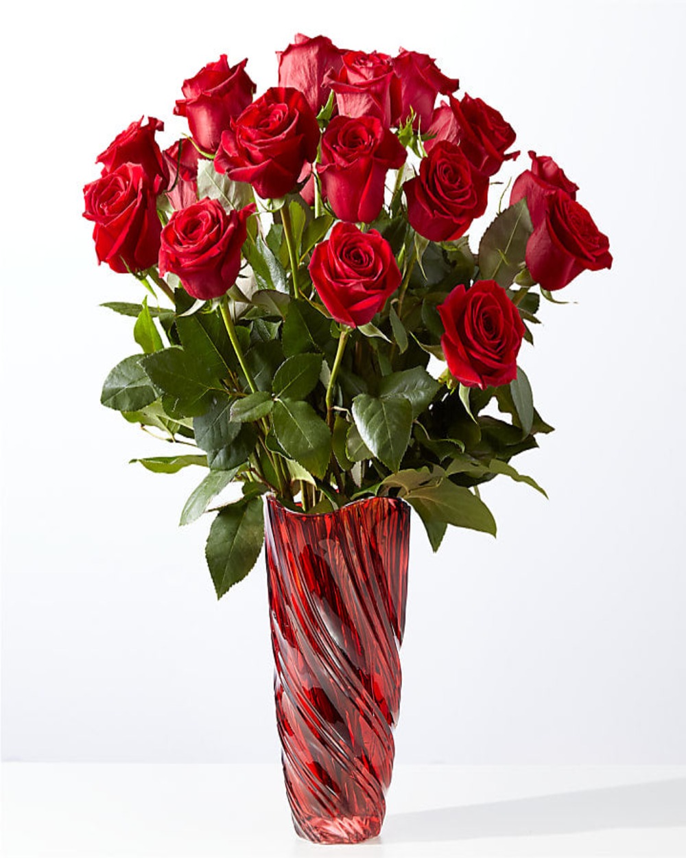 Classic Love Red Rose Bouquet with Luxe Swirl Vase - Deluxe